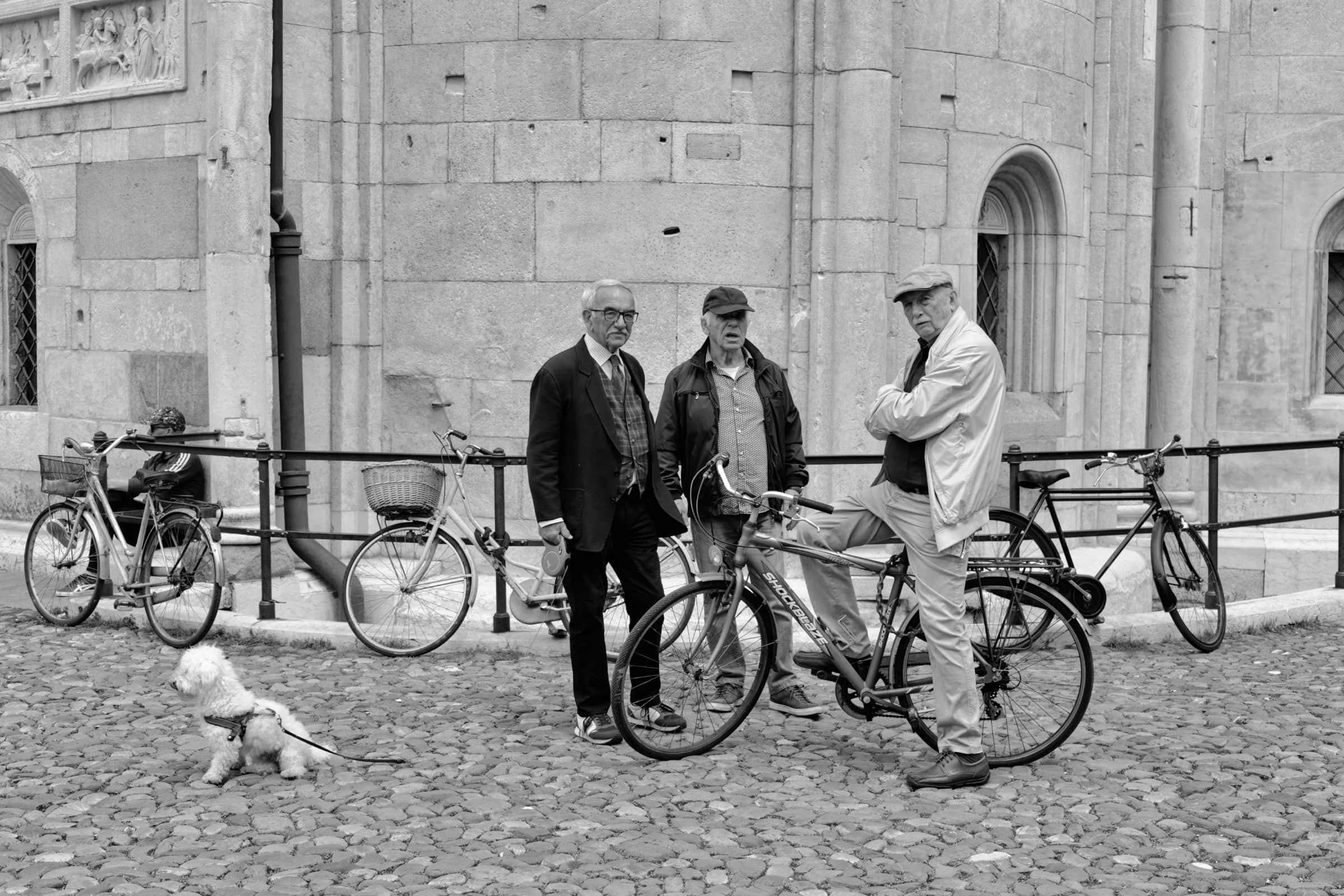 Three elderly men stand in conversation beside bicycles on a cobblestone piazza in Modena, Italy. A white dog on a lead sits in the foreground. The rounded apse of a stone church forms the background.