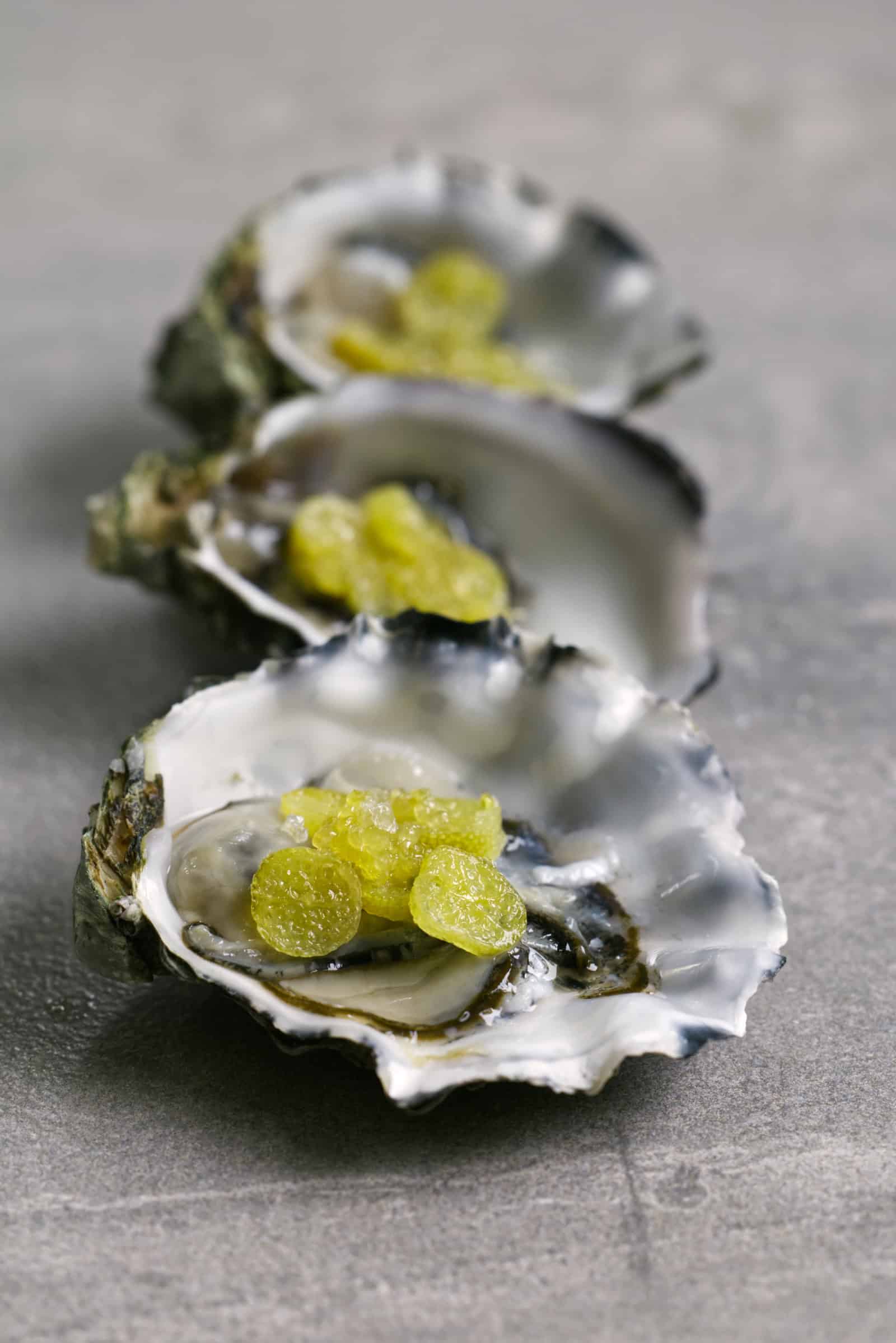 Three Smoky Bay oyster shells arranged diagonally on a grey stone surface, each holding a freshly shucked oyster in natural brine topped with rounds of desert lime and green finger lime pearls.