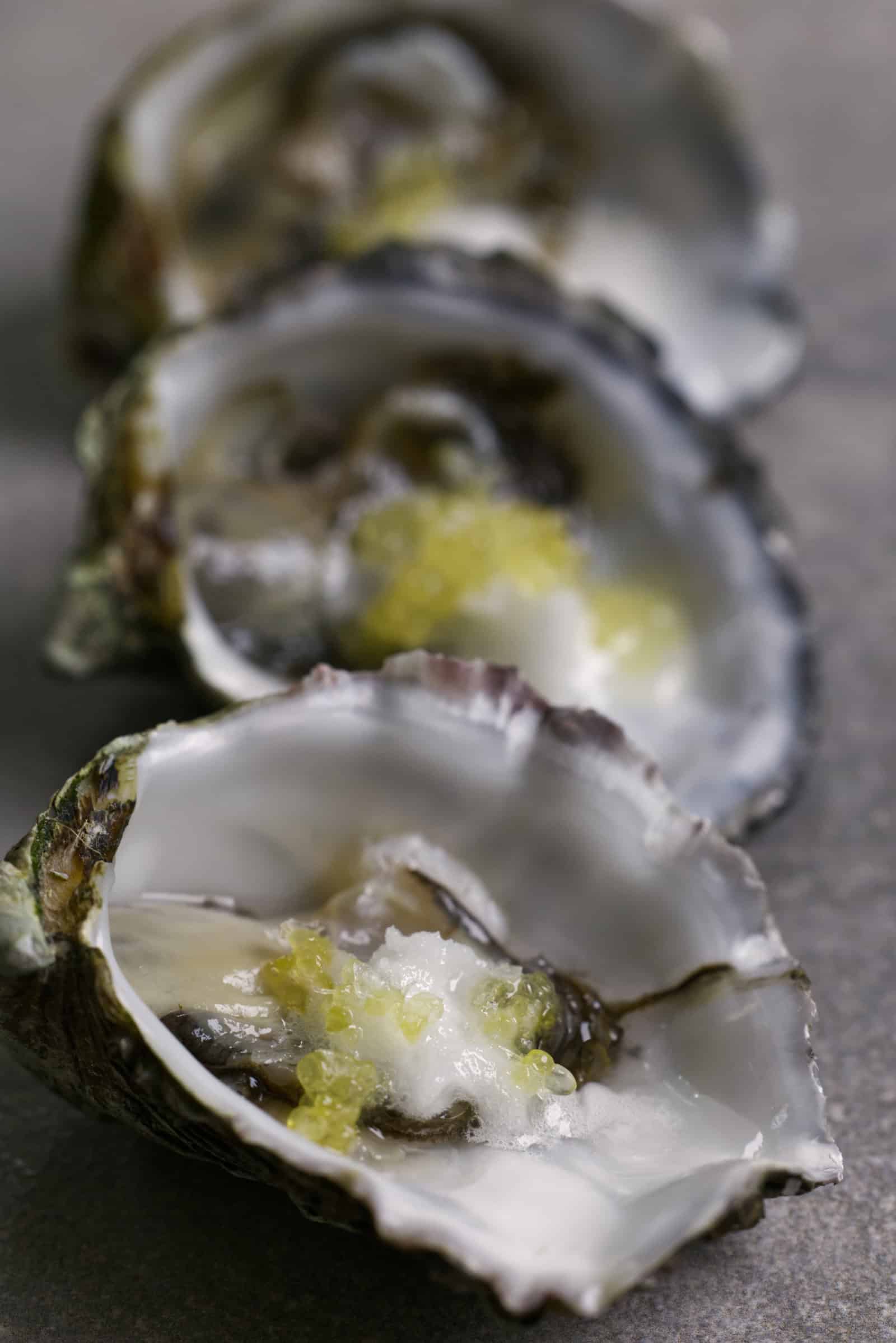 Three Smoky Bay oyster shells arranged diagonally on a grey stone surface, each holding a freshly shucked oyster with a small quenelle of lemon sorbet beginning to melt into the natural brine, scattered with green finger lime pearls.