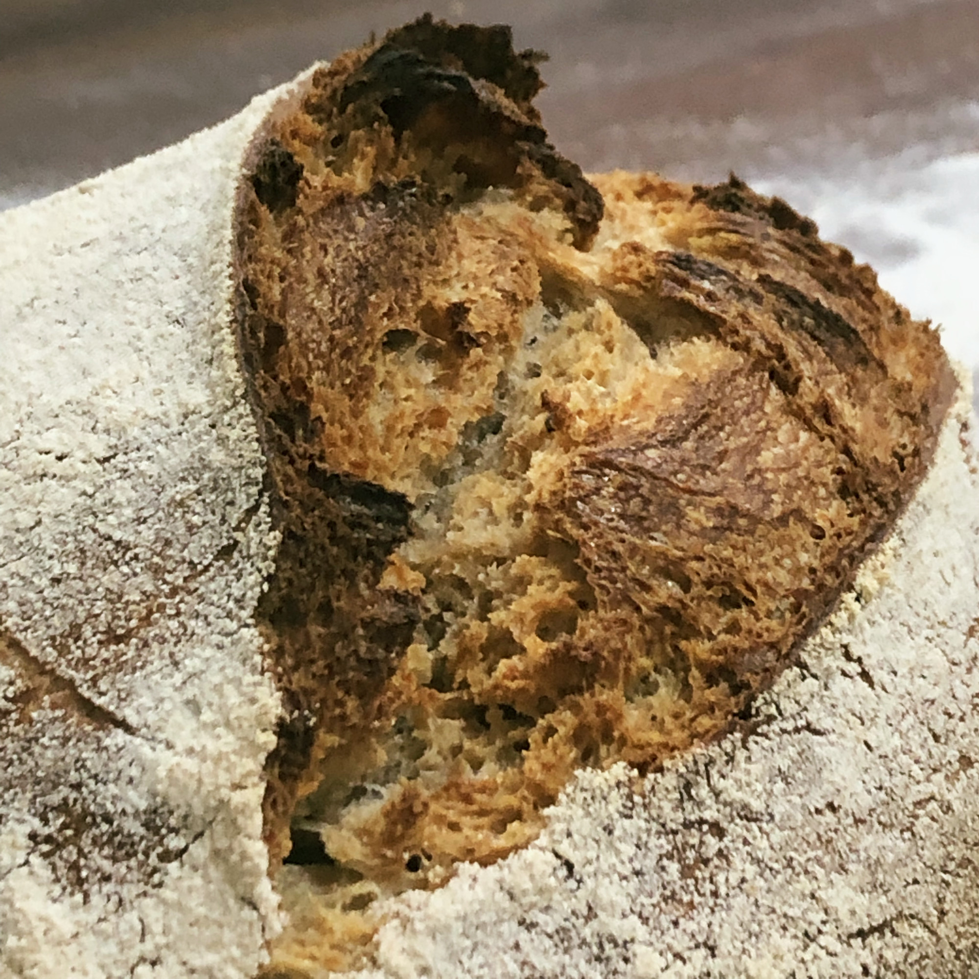 Close-up of a round loaf of bread with a thick coating of white flour on its crust. A wide split across the top has opened during baking. The exposed dough is browned to dark brown and almost black at the edges, and the crumb inside shows irregular air holes. The background is out of focus in dark grey.